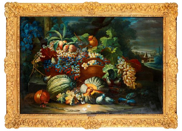 Trionfo di frutti e ortaggi entro paesaggio