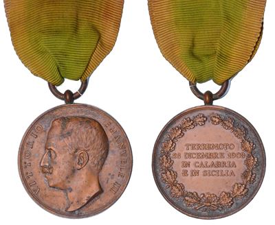 VITTORIO EMANUELE III DI SAVOIA, Onorificenza in bronzo per il terremoto in Calabria e Sicilia, 1...