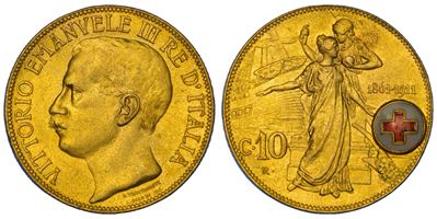VITTORIO EMANUELE III DI SAVOIA, Medaglia da 10 Centesimi (1911) a favore della Croce Rossa Itali...