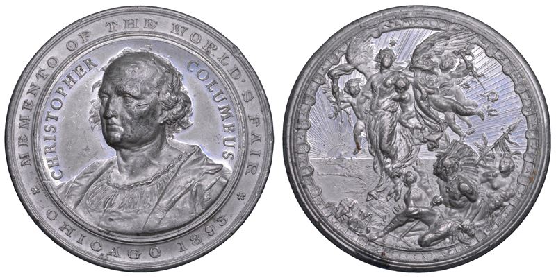 CRISTOFORO COLOMBO. Esposizione Colombiana Mondiale Chicago 1893. IV centenario della scoperta dell'America.   Medaglia in metallo bianco 1893.  - Auction Numismatics - Cambi Casa d'Aste