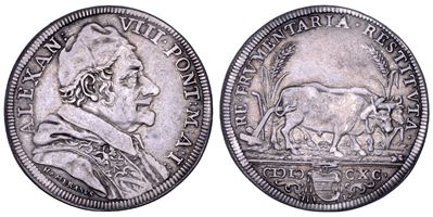Stato Pontificio, Busto di Alessandro VIII (1689-1691), Testone 1690/A, Argento
