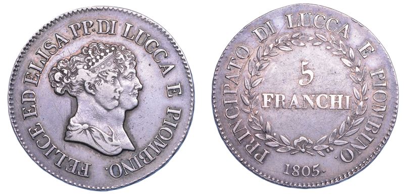 LUCCA. ELISA BONAPARTE E FELICE BACIOCCHI, 1805-1814.   5 Franchi 1805.  - Auction Light Numismatics - Cambi Casa d'Aste