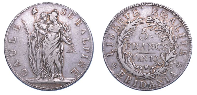 TORINO. REPUBBLICA SUBALPINA, 1800-1802.   5 Franchi AN. 10.  - Auction Light Numismatics - Cambi Casa d'Aste