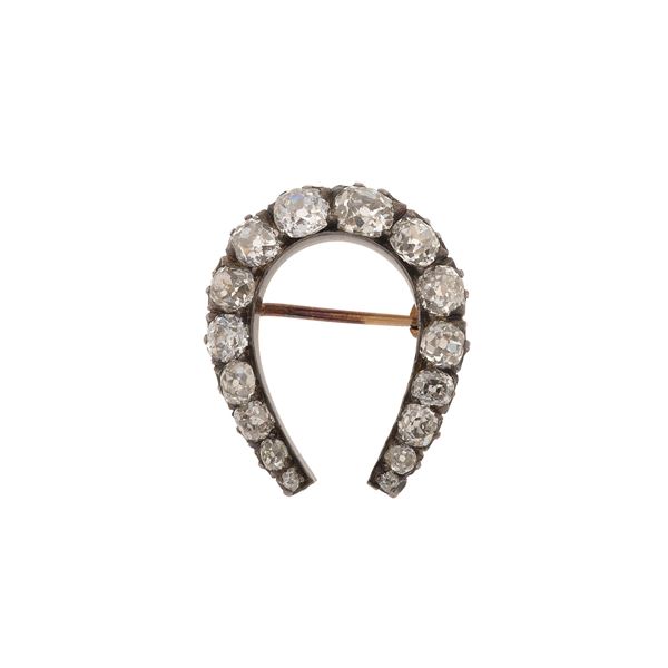 Old-cut diamond, gold and silver "Horseshoe" brooch