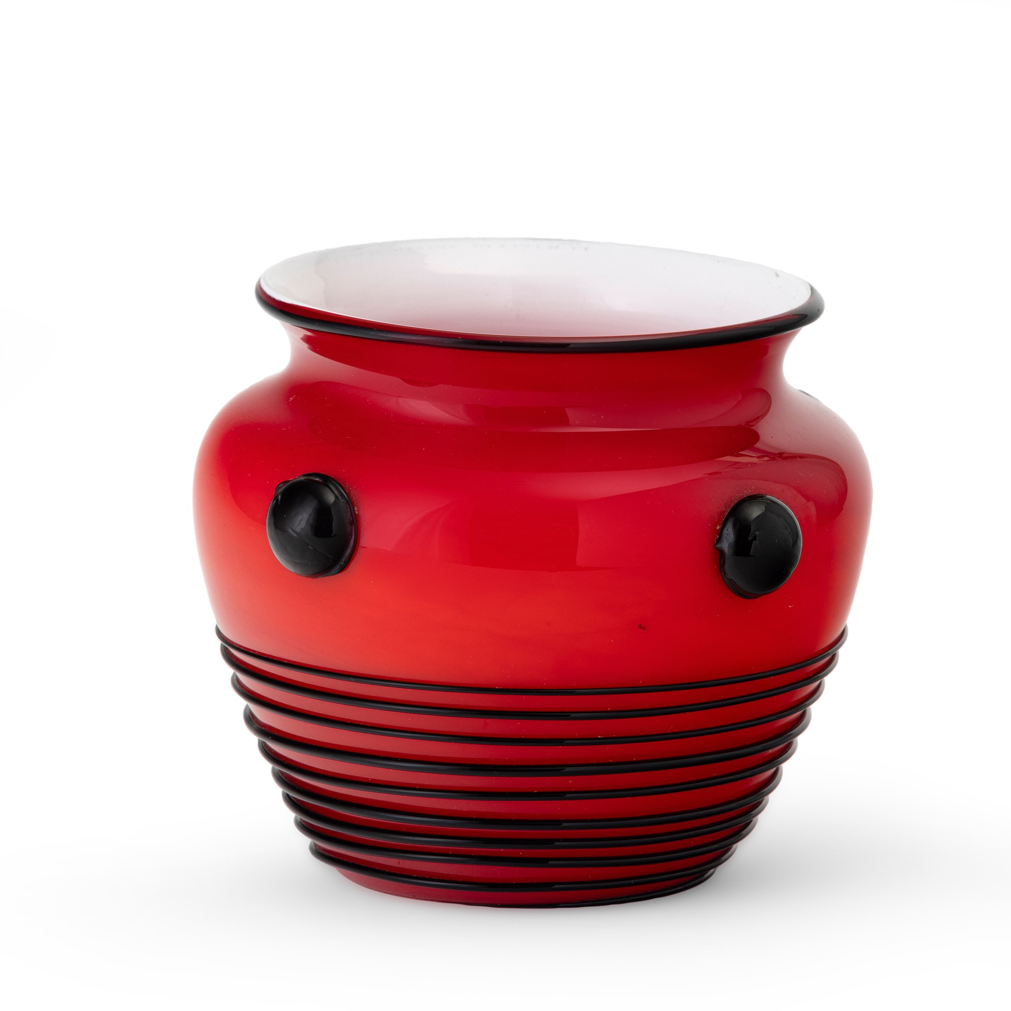 Fratelli Toso, Vaso in vetro incamiciato con applicazioni in pasta vitrea nera (Murano, 1900 ca.)