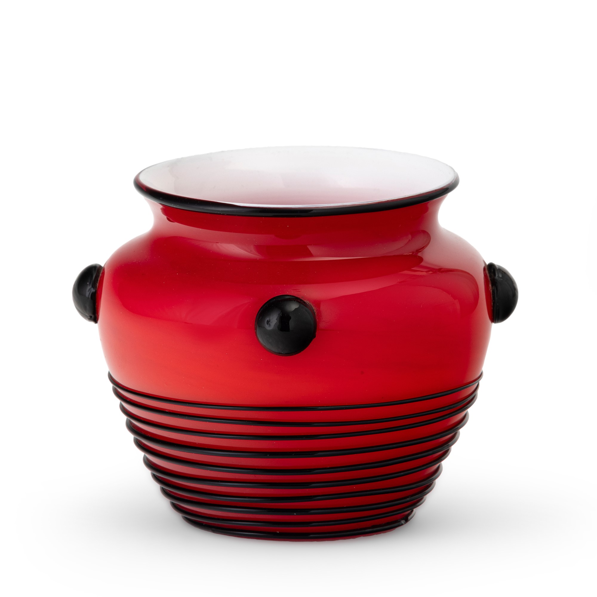 Fratelli Toso, Vaso in vetro incamiciato con applicazioni in pasta vitrea nera (Murano, 1900 ca.)