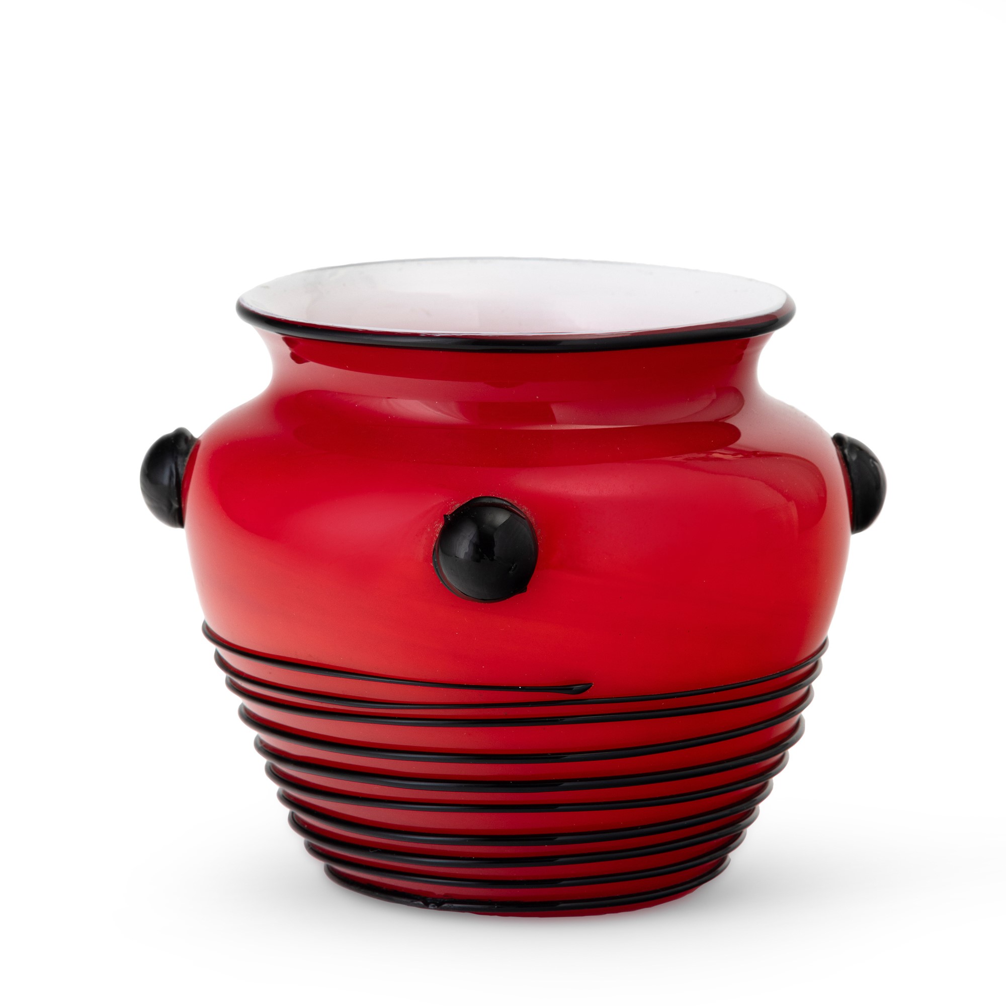 Fratelli Toso, Vaso in vetro incamiciato con applicazioni in pasta vitrea nera (Murano, 1900 ca.)