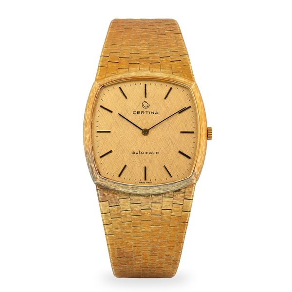 Certina - Orologio di forma in oro giallo 18k con bracciale integrato, quadrante champagne inciso con indici applicati, circa 1970