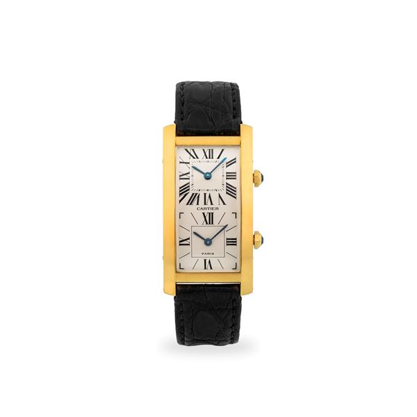 Cintrée Dual Time in oro giallo 18k, doppio fuso orario quadrante argentè con numeri Romani, circa 1990