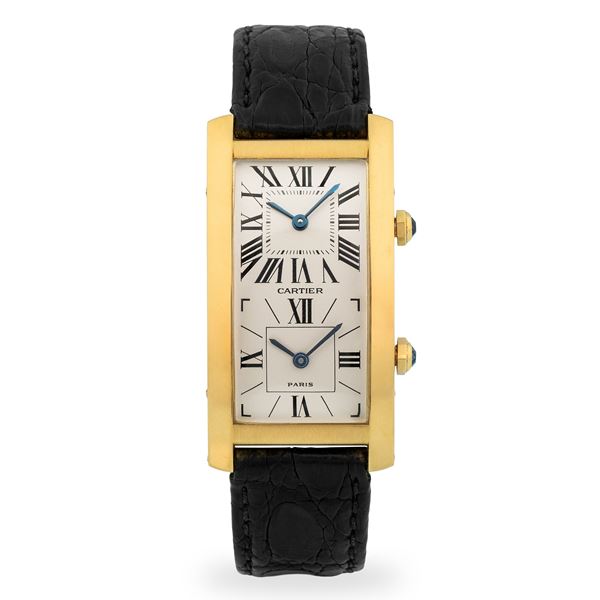 Cartier - Cintrée Dual Time in oro giallo 18k, doppio fuso orario quadrante argentè con numeri Romani, circa 1990
