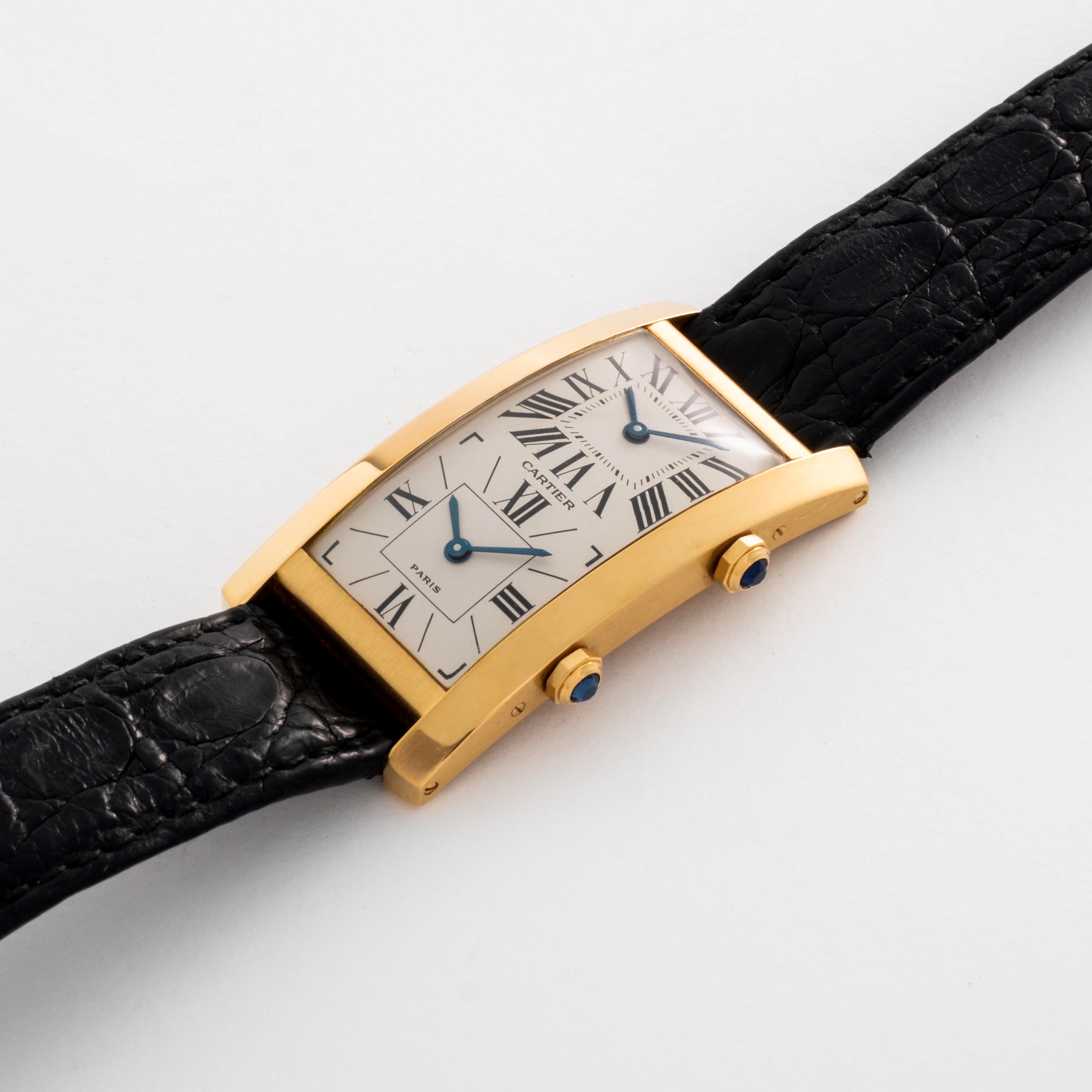 Cartier - Cintrée Dual Time in oro giallo 18k con doppio fuso orario, circa 1990