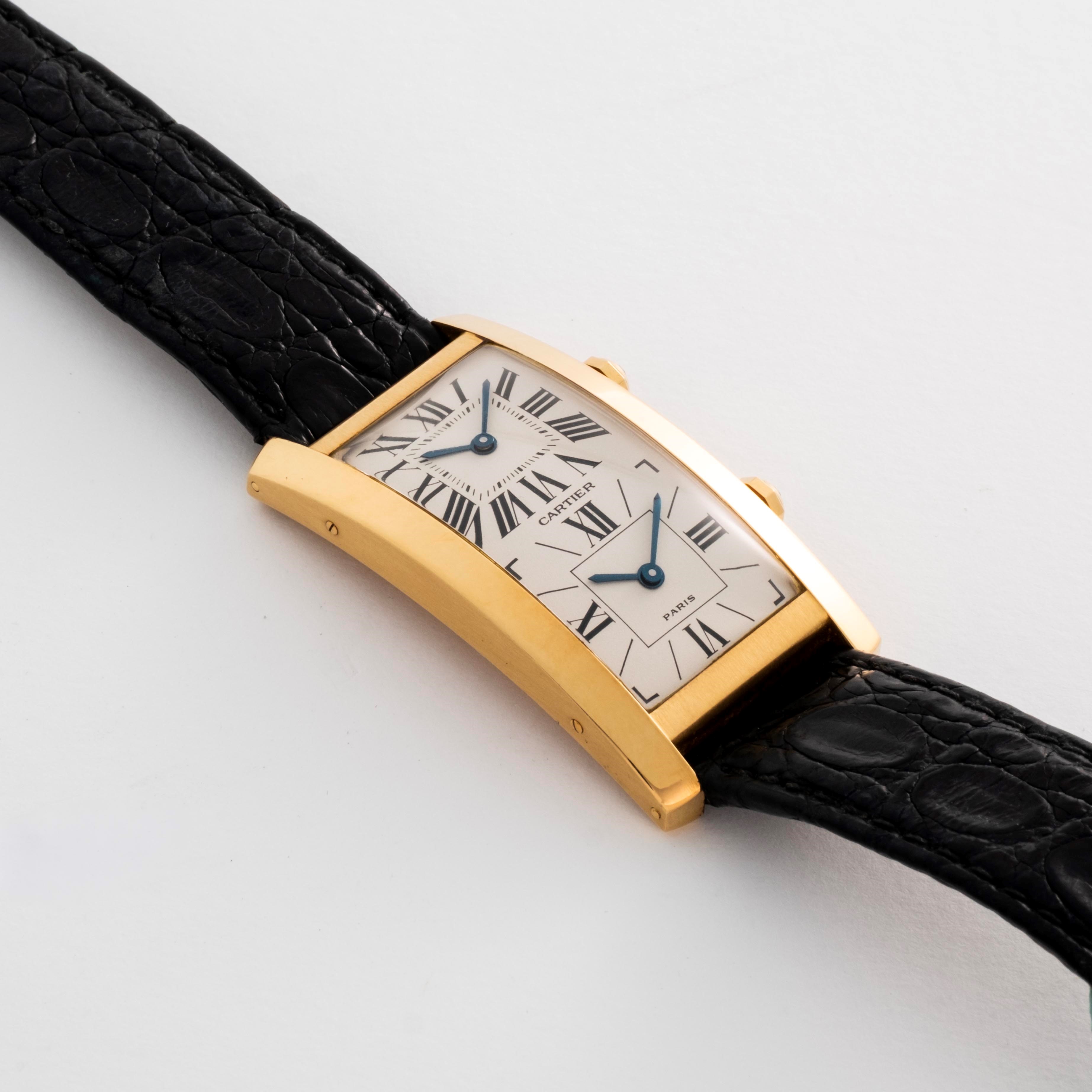 Cartier - Cintrée Dual Time in oro giallo 18k con doppio fuso orario, circa 1990