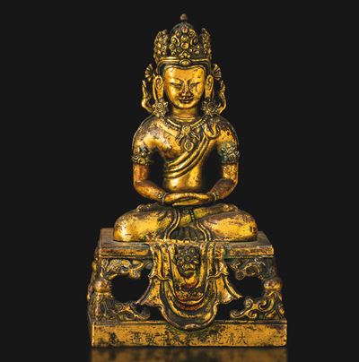 Cina, Dinastia Qing, Amitayus incoronato—Figura di Buddha in bronzo dorato