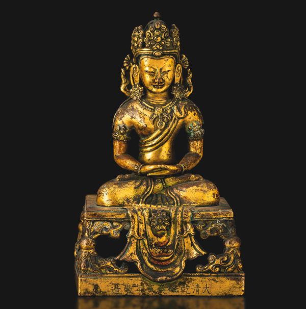 Gilt bronze figure of crowned Amitayus, China, Qing Dynasty, Qianlong mark and period (1736–1796).