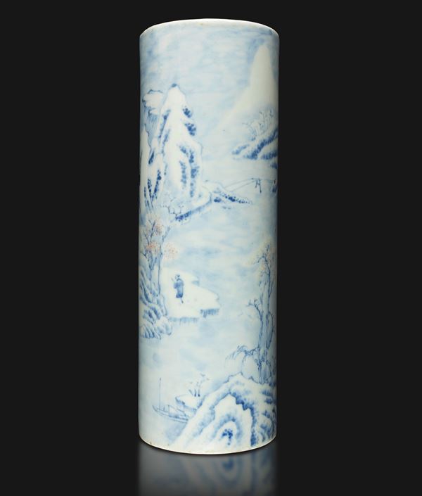 Placca in porcellana bianca e blu raffigurante scena di paesaggio con personaggi, Cina, Repubblica