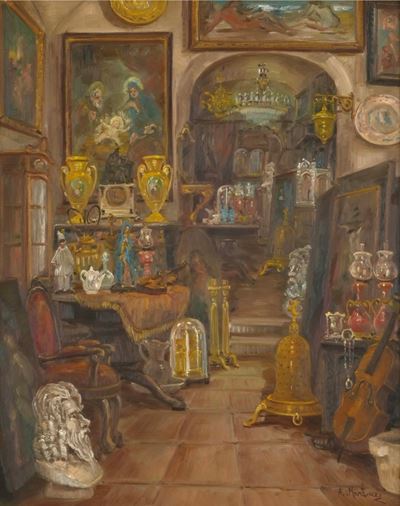 Il negozio dell'antiquariato, olio su tavoletta
