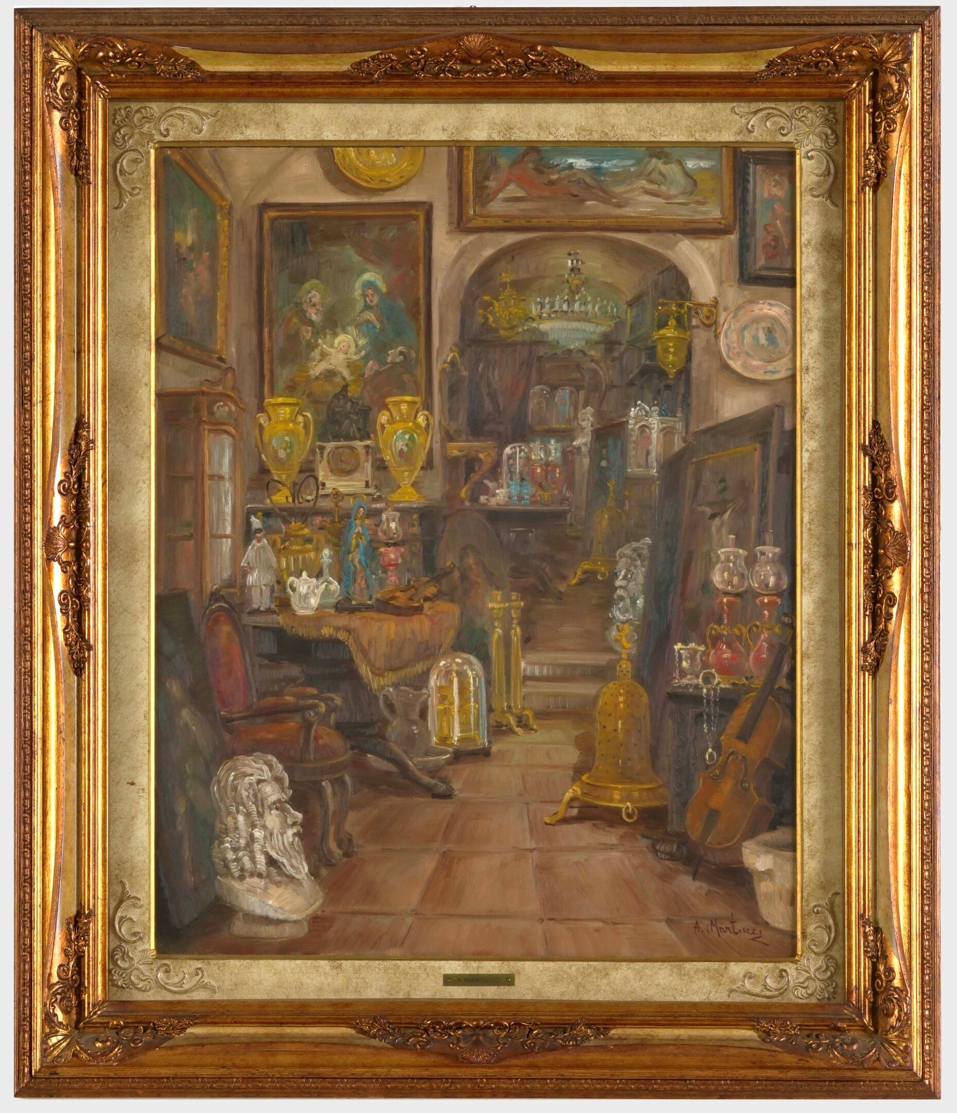 Antonio Martucci - Il negozio dell'antiquariato, olio su tavoletta