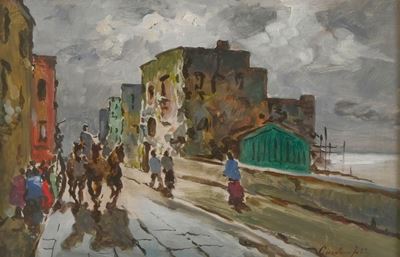 Scuola del XIX secolo, Lungomare, olio su tavoletta