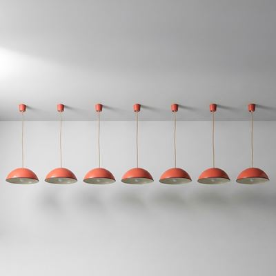 Sette lampade a sospensione mod. Relemme, metallo laccato, 1962