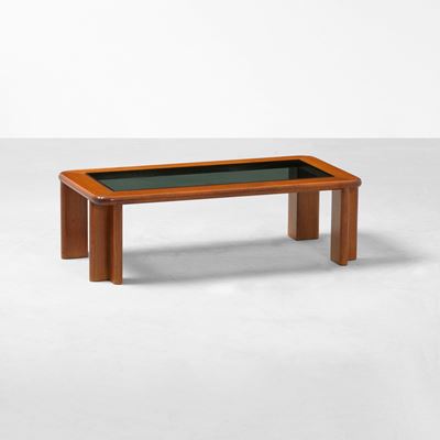 Tavolo basso, struttura in legno con piano in cristallo colorato (produzione italiana, ca. 1960)