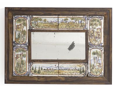 Specchiera in legno con piastrelle in maiolica, decoro a paesaggi policromi, XX secolo