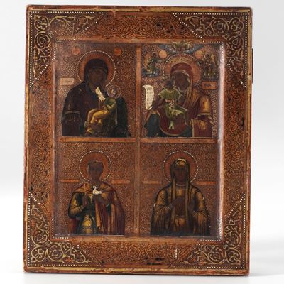 Russia, Icona quadripartita su tavola raffigurante la Deipara (Madre di Dio), san Procopio di Ces...