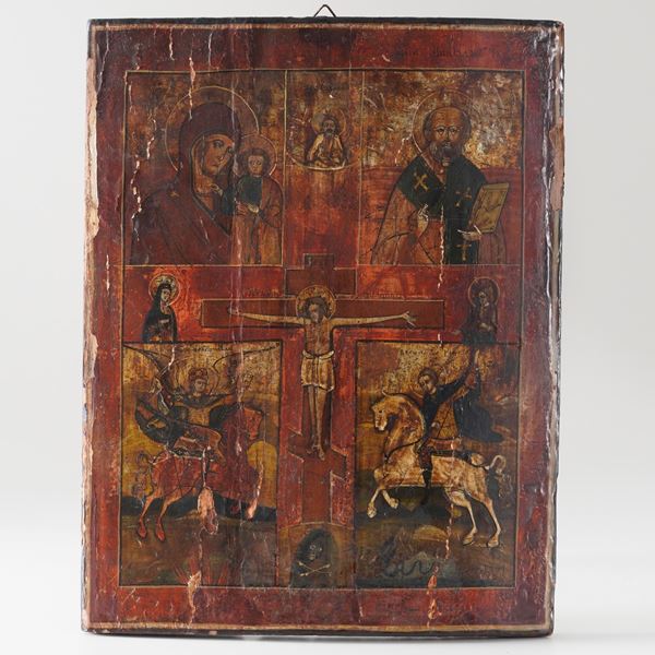 Icona quadripartita su tavola, raffigurante la Crocifissione, con la Deipara di Kazan, San Nicola il taumaturgo, san Demetrio e san Giorgio.