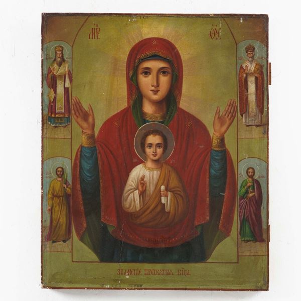 Icona a tempera su tavola raffigurante Panagia Platytera (La Deipara del Segno)