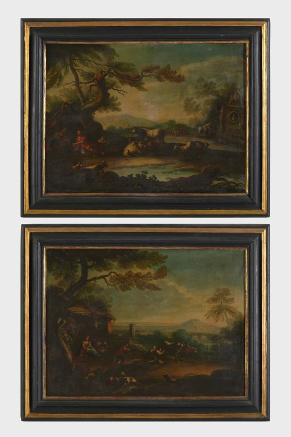Scuola romana del XVIII secolo Paesaggi con pastori e armenti