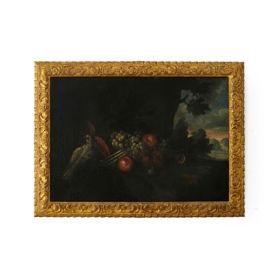 Scuola del XVII-XVIII secolo, Natura morta con frutti, ortaggi e pappagallino, olio su tela