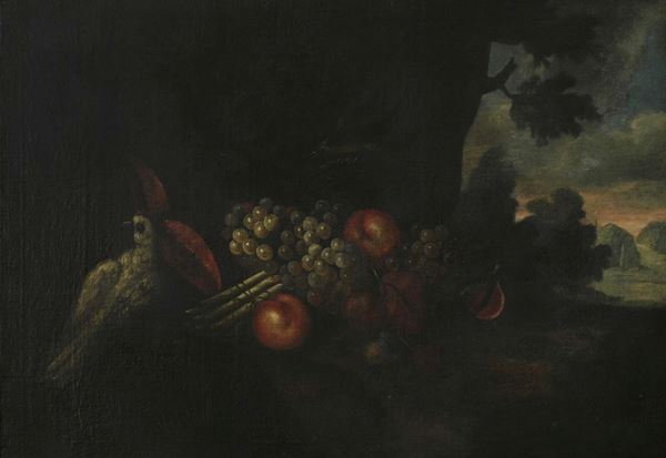 Scuola del XVII-XVIII secolo Natura morta con frutti, ortaggi e pappagallino