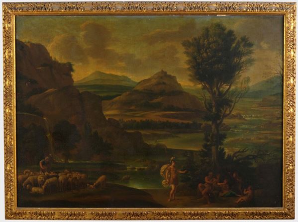 Scuola del XVIII secolo Paesaggio fluviale con pescatori e contadini