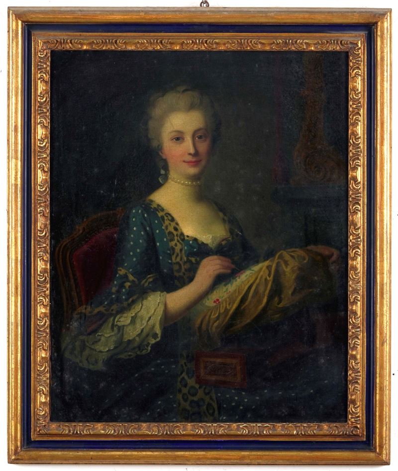 Scuola napoletana del XVIII secolo Ritratto di gentildonna che ricama
