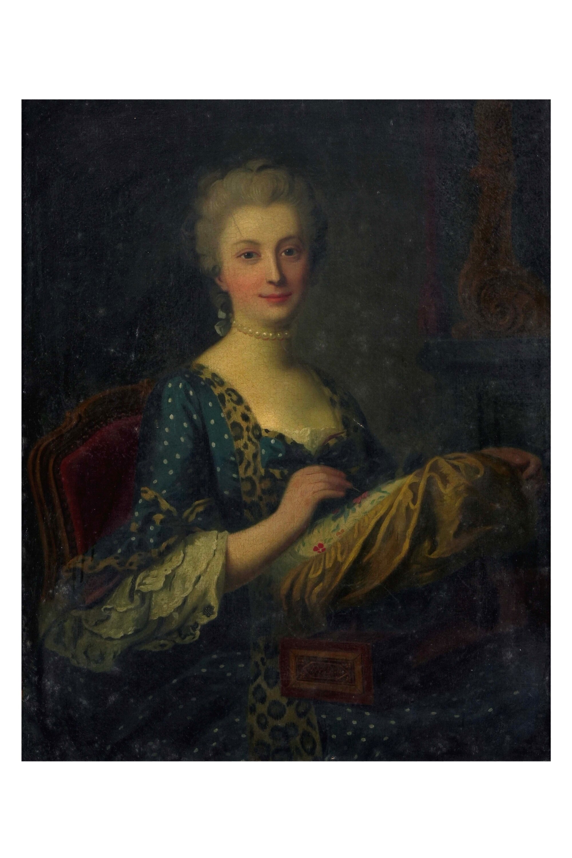 Scuola napoletana del XVIII secolo, Ritratto di gentildonna che ricama, olio su tela