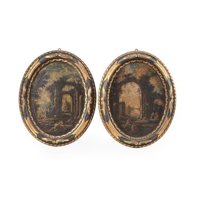 Coppia di Capricci Architettonici con Figure
