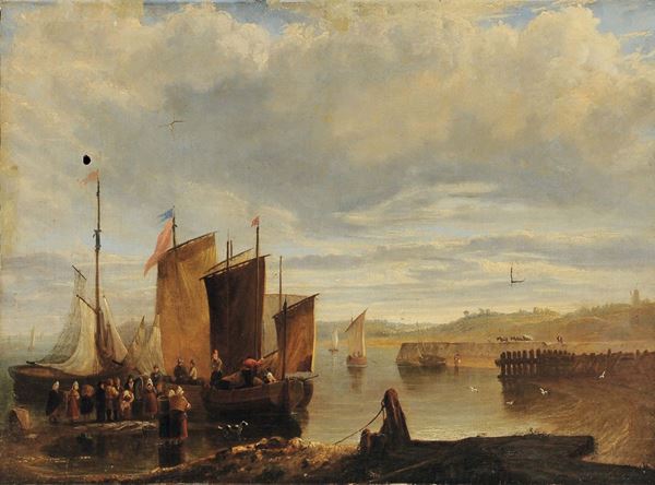 Scuola Inglese dell'inizio del XIX secolo Scena costiera con imbarcazioni
