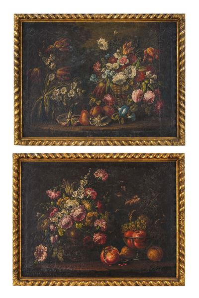 Scuola del XVIII secolo, Coppia di nature morte con fiori e frutti, olio su tela