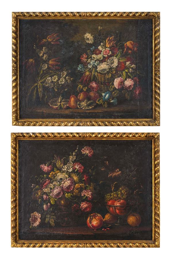 Scuola del XVIII secolo Nature morte con fiori e frutti