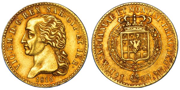 REGNO DI SARDEGNA. VITTORIO EMANUELE I DI SAVOIA, 1802-1821. 20 Lire 1816. Torino.