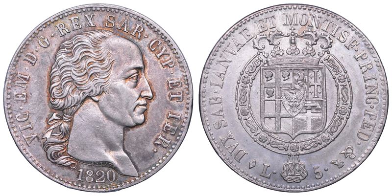 REGNO DI SARDEGNA. VITTORIO EMANUELE I DI SAVOIA, 1802-1821. 5 Lire 1820.  - Asta Numismatica - Cambi Casa d'Aste