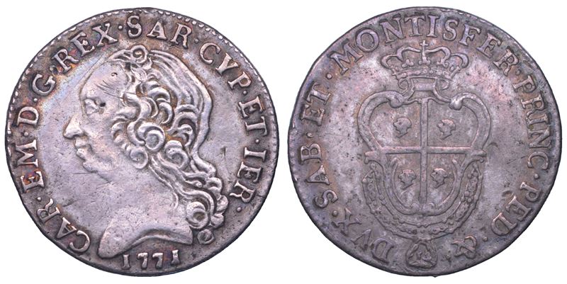 REGNO DI SARDEGNA. CARLO EMANUELE III DI SAVOIA, 1755-1773 (II PERIODO). Quarto di Scudo Sardo 1771.  - Auction Numismatics - Cambi Casa d'Aste