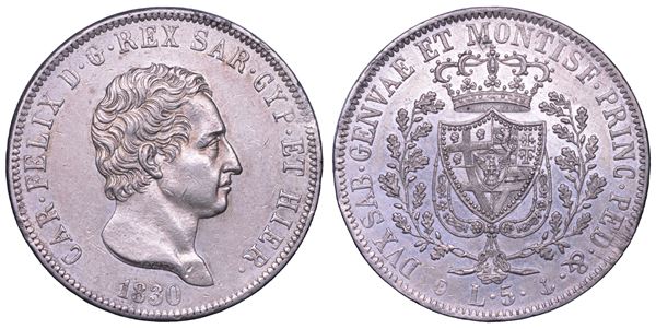REGNO DI SARDEGNA. CARLO FELICE, 1821-1831. 5 Lire 1830 Genova.