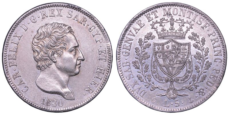 REGNO DI SARDEGNA. CARLO FELICE, 1821-1831. 5 Lire 1830 Genova.  - Asta Numismatica - Cambi Casa d'Aste