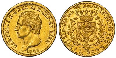Regno di Sardegna, Carlo Felice di Savoia, 20 Lire 1828, Oro, Torinese