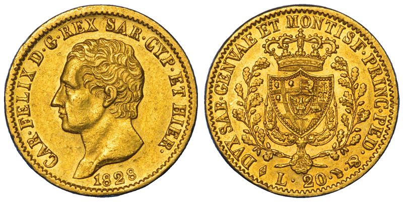 REGNO DI SARDEGNA. CARLO FELICE DI SAVOIA, 1821-1831. 20 Lire 1828. Torino.  - Auction Numismatics - Cambi Casa d'Aste