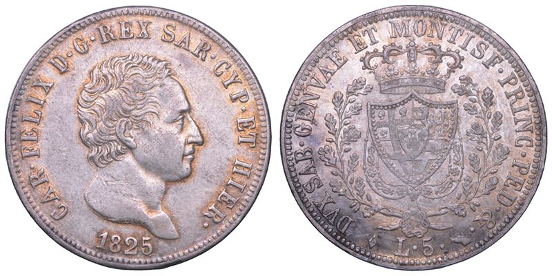 REGNO DI SARDEGNA. CARLO FELICE DI SAVOIA, 1821-1831. 5 Lire 1825. Torino.  - Auction Numismatics - Cambi Casa d'Aste
