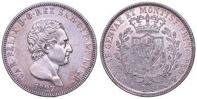 Regno di Sardegna, Carlo Felice di Savoia, 5 Lire 1827, Torino