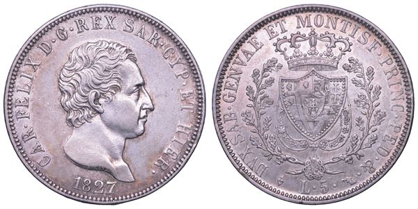REGNO DI SARDEGNA. CARLO FELICE DI SAVOIA, 1821-1831. 5 Lire 1827. Torino.