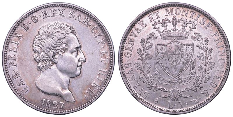 REGNO DI SARDEGNA. CARLO FELICE DI SAVOIA, 1821-1831. 5 Lire 1827. Torino.  - Auction Numismatics - Cambi Casa d'Aste