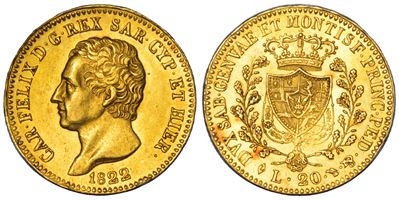 Carlo Felice di Savoia, Moneta da 20 Lire, 1822, Torino